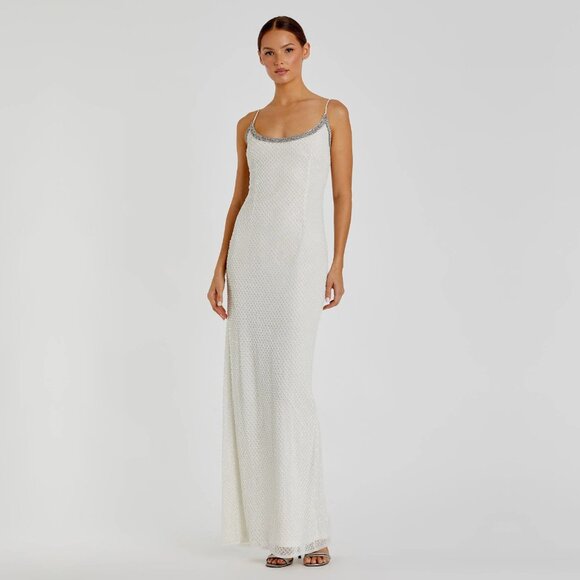 NWT  Mac Duggal Beaded Spaghetti Strap Column Dress White 8 #A0199 - Picture 1 of 11